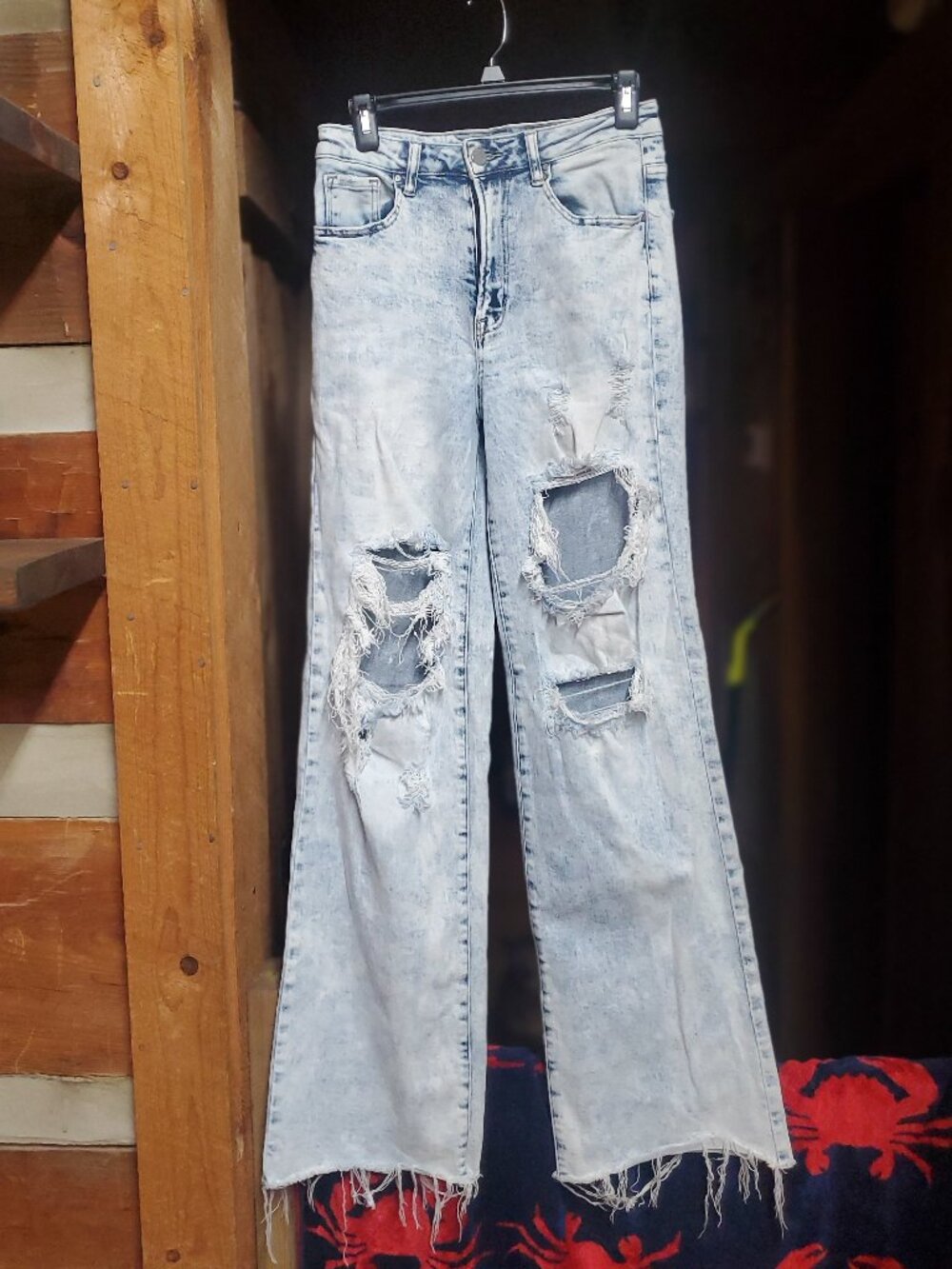 RISEN light wash distressed wide leg jeans raw hem